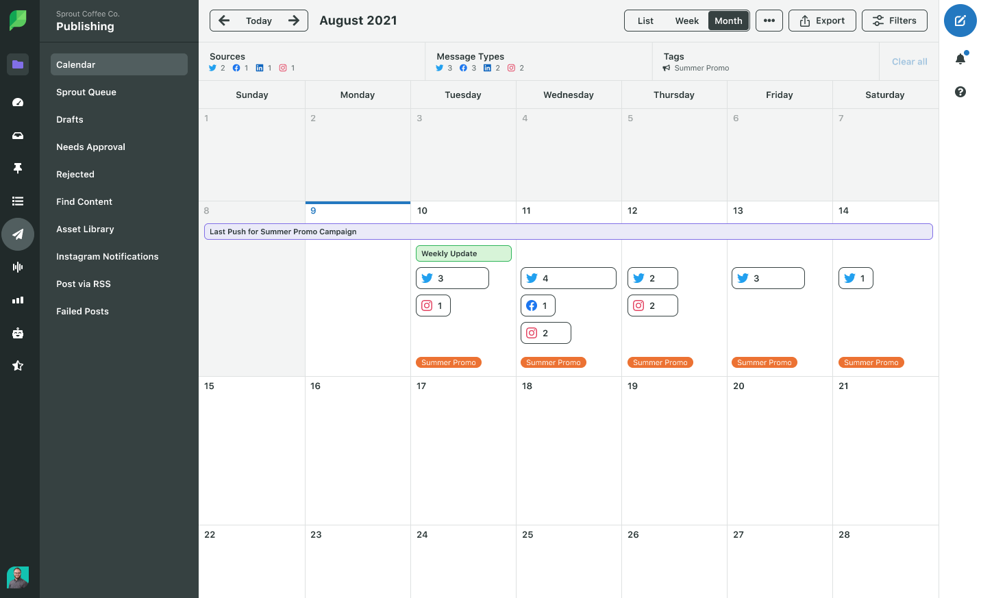 A screenshot of Sprout Social Campaign Calendar view, which shows upcoming posts across channel.